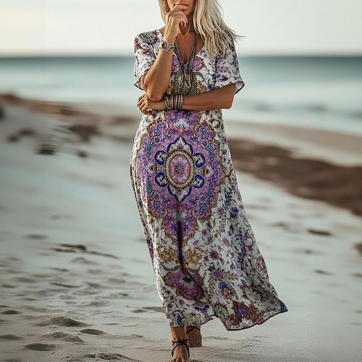 Women's Summer Boho Ethnic Print Maxi Dress, Loose Sleeveless V Neck Flowy Gown for Beach & Ranch - Image 3
