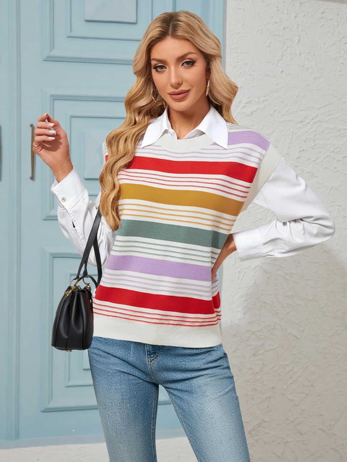 FireSwan Womens Cap Sleeve Sweater Vest Striped Color Block Loose Tank Tops Trendy Vacation Outfits Cute Summer Spring Top - Image 3