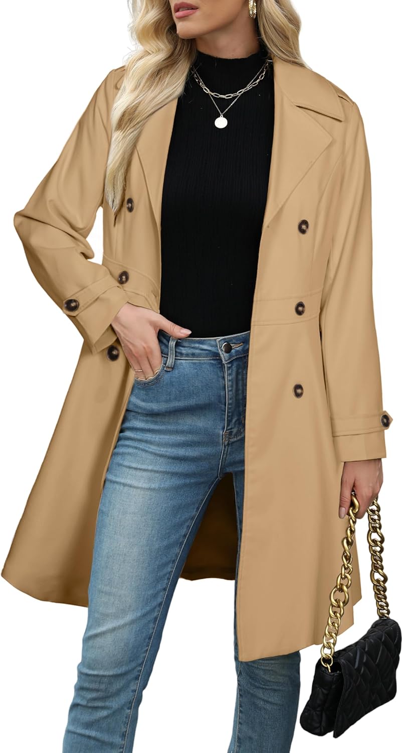Simplee Womens Trench Coat Double-Breasted Long Dressy Windbreaker Overcoat Fall Winter Outerwear