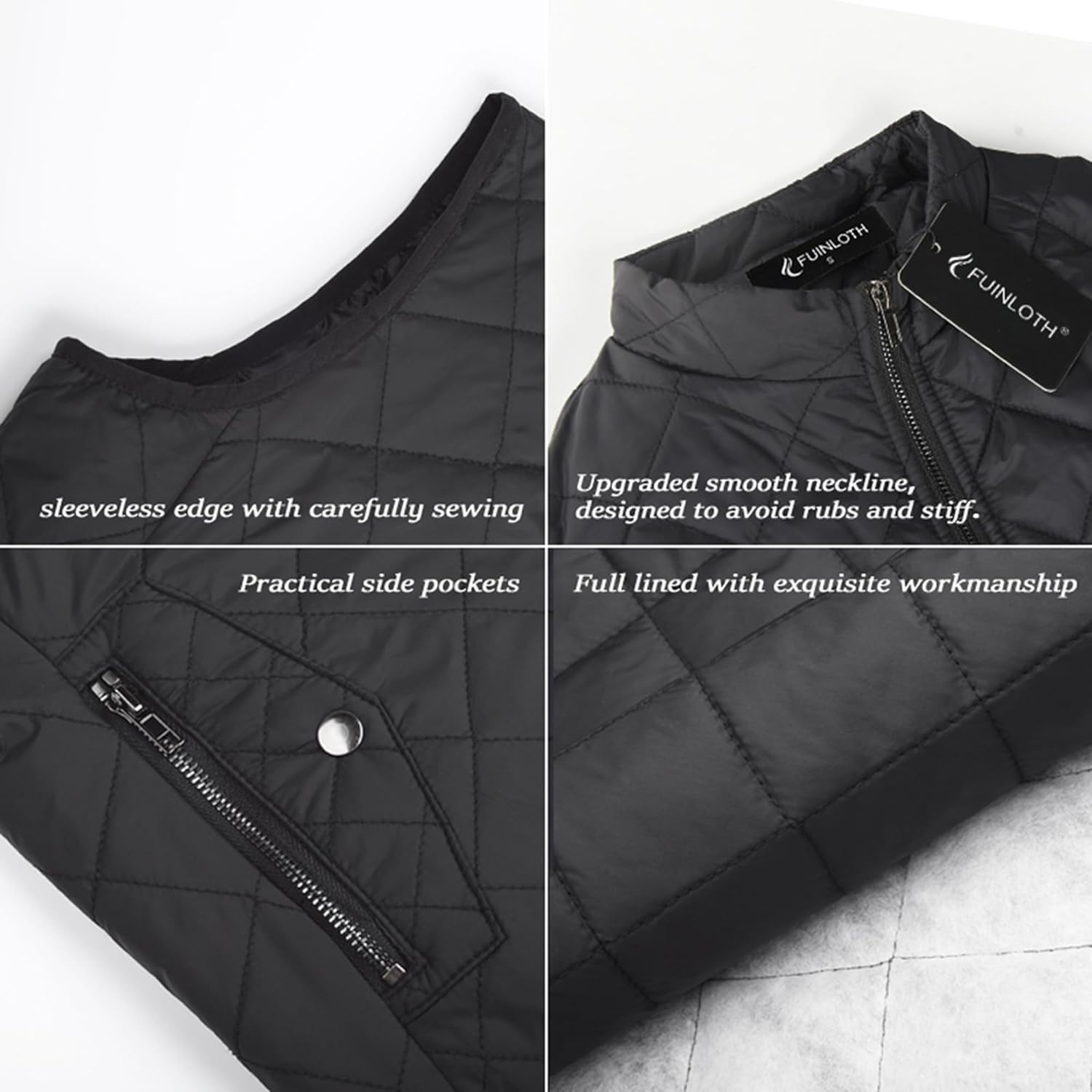 Fuinloth Women's Lightweight Warm Puffer Quilted Vest - 4-Pockets Stand Collar Zip Gilet, Fall Winter Outerwear - Image 6