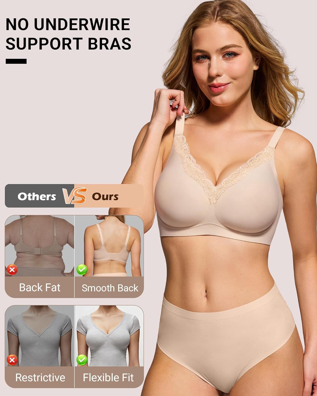 HORISUN Wireless No Underwire Bra for Women V-Neck Lace Trim Jelly Supportive Seamless Bra Comfortable Tshirt Bralette - Image 5
