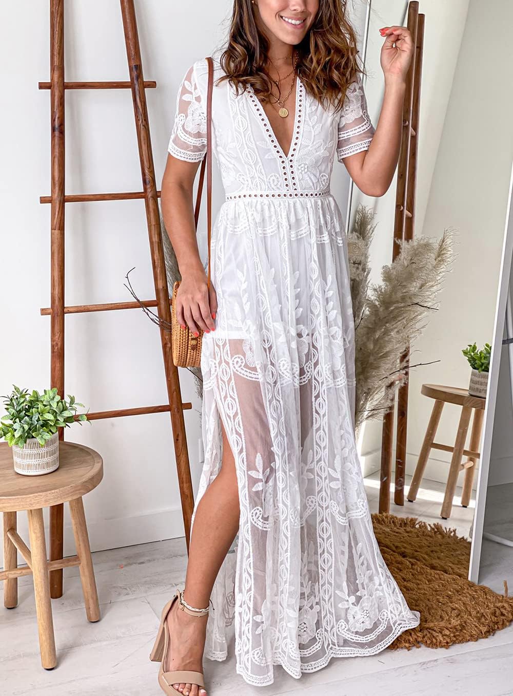 Eleter Women's Deep V-Neck Lace Romper Short Sleeve Long Dress - Image 4