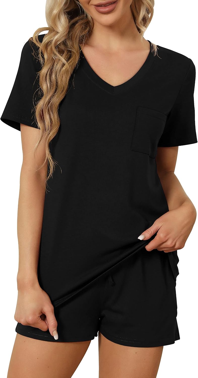 RUBZOOF Women's Short Sleeve Pajama Sets with Pockets Casual V Neck 2 Piece Lounge Sets S-3XL - Image 3