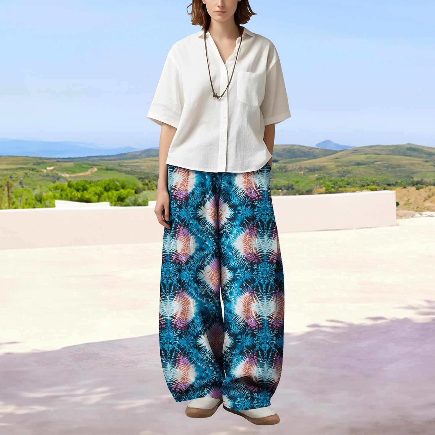 Women's Wide Leg Palazzo Pants Blue White Tie Dye Print Loose Fit Fall Lightweight Bohemian Flowy Trousers - Image 2