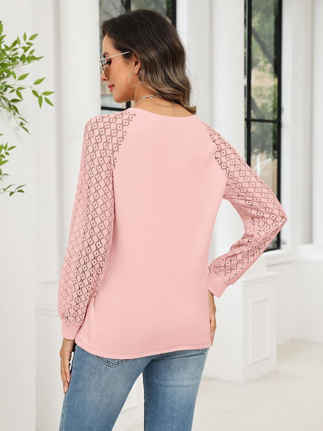 Minetom Women's Lace Long Sleeve Tops Henley Shirts Casual Blouses T Shirts Fall Clothes - Image 5