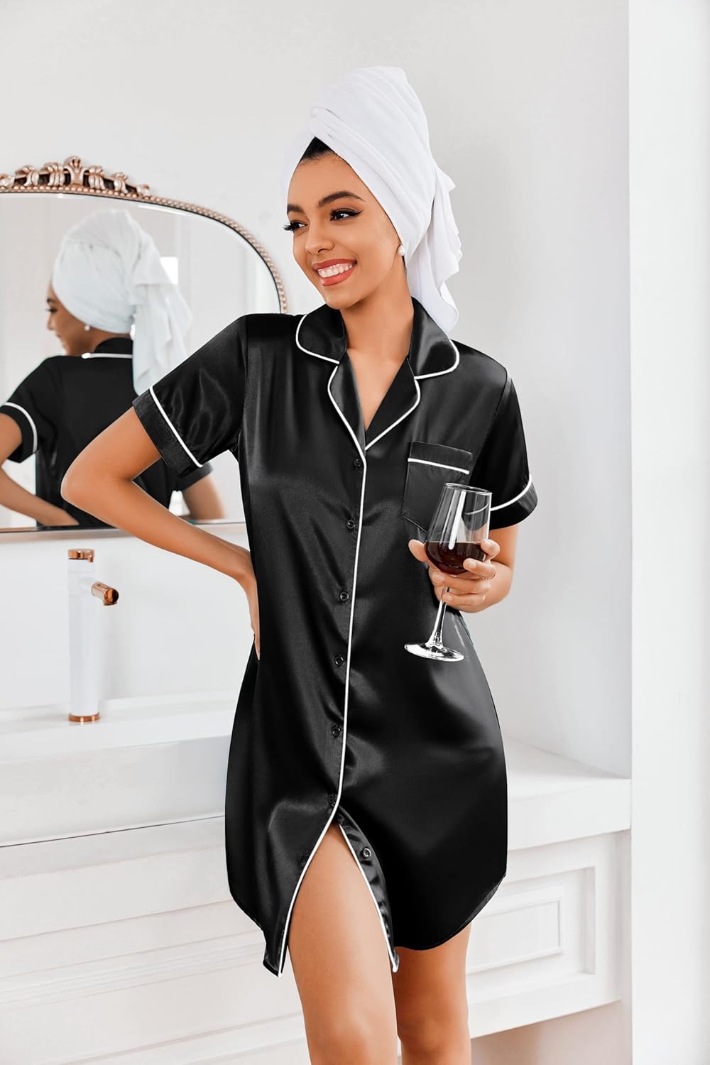 Ekouaer Women's Satin Nightshirt Button Down Sleepshirt Silk Short Sleeve Nightgown Boyfriend Notch Collar Sleepwear - Image 6