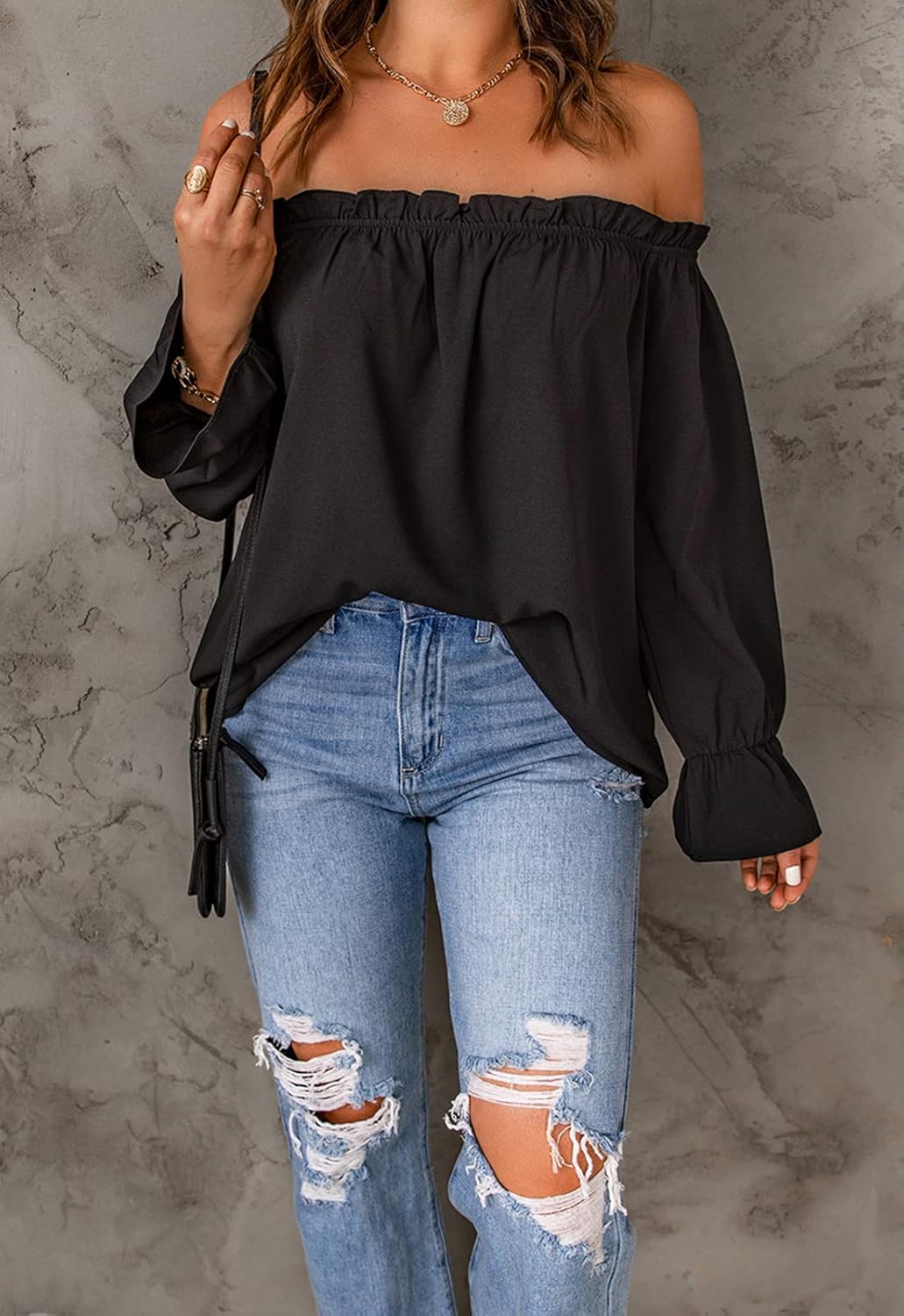 Spriolim Women's Off Shoulder Top Ruffle Long Sleeve Chiffon Blouse Casual Loose Shirts - Image 3