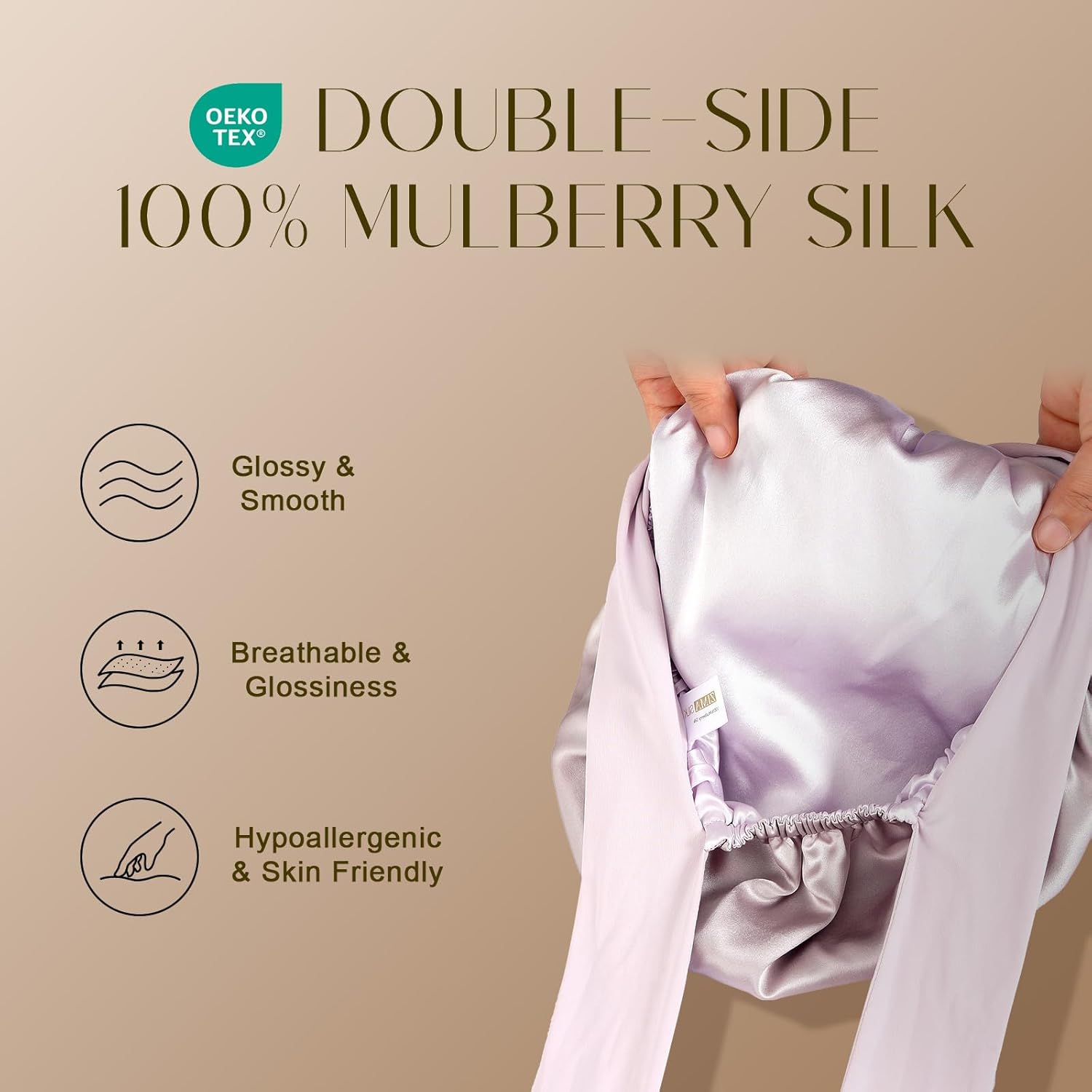 ZIMASILK 100% Mulberry Silk Bonnet for Sleeping Women Long Hair Double Layer Silk Hair Wrap with Tie Band Stay On Head (1Pc, Purple) - Image 2