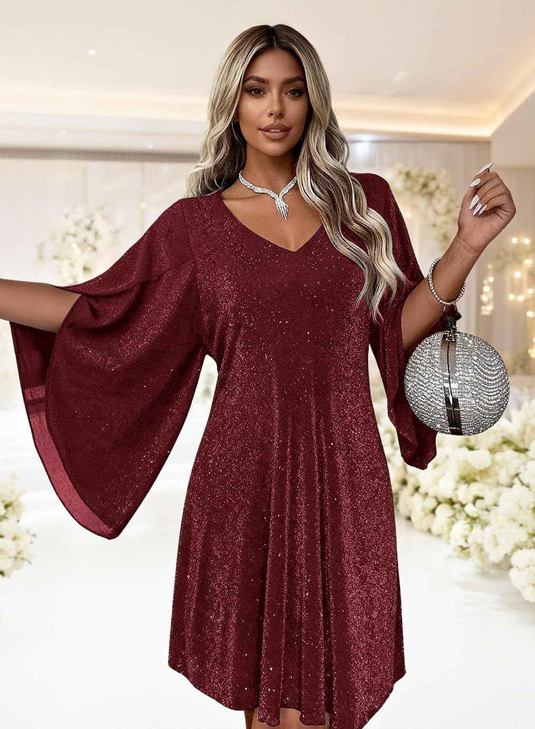 Women's Sparkly Cocktail Dresses for Wedding Guest Flutter Sleeve Loose Chiffon Party Dress (XS-XL) - Image 3