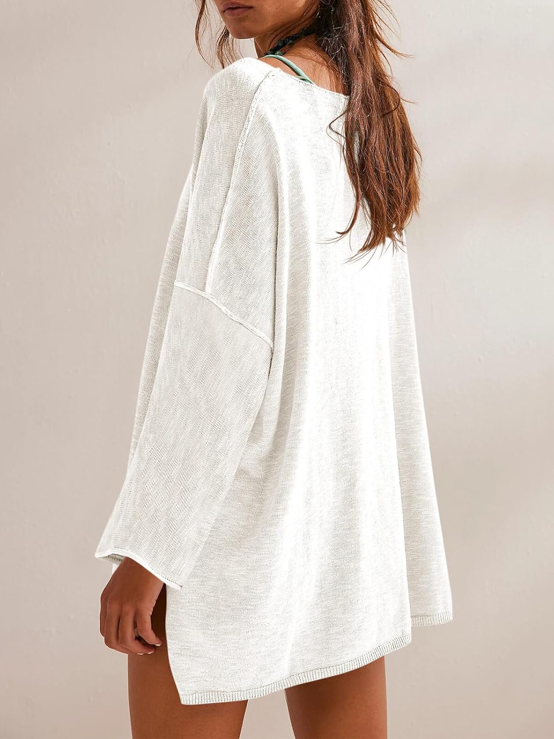 Tankaneo Womens Long Sleeve Shirts Oversized Lightweight Sweaters Crewneck Side Slit Hem Casual Blouse Tunic Tops - Image 2