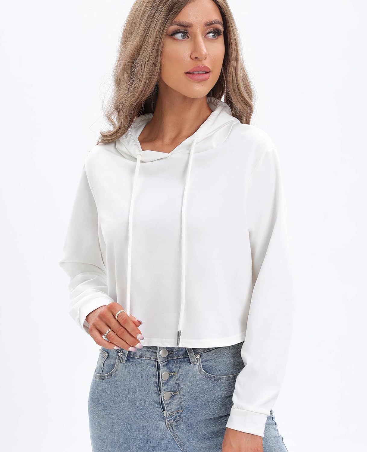 Women's Drawstring Cropped Hoodie Casual Hoodies for Women Workout Crop Tops Sweatshirt Long Sleeve Crop Top - Image 3