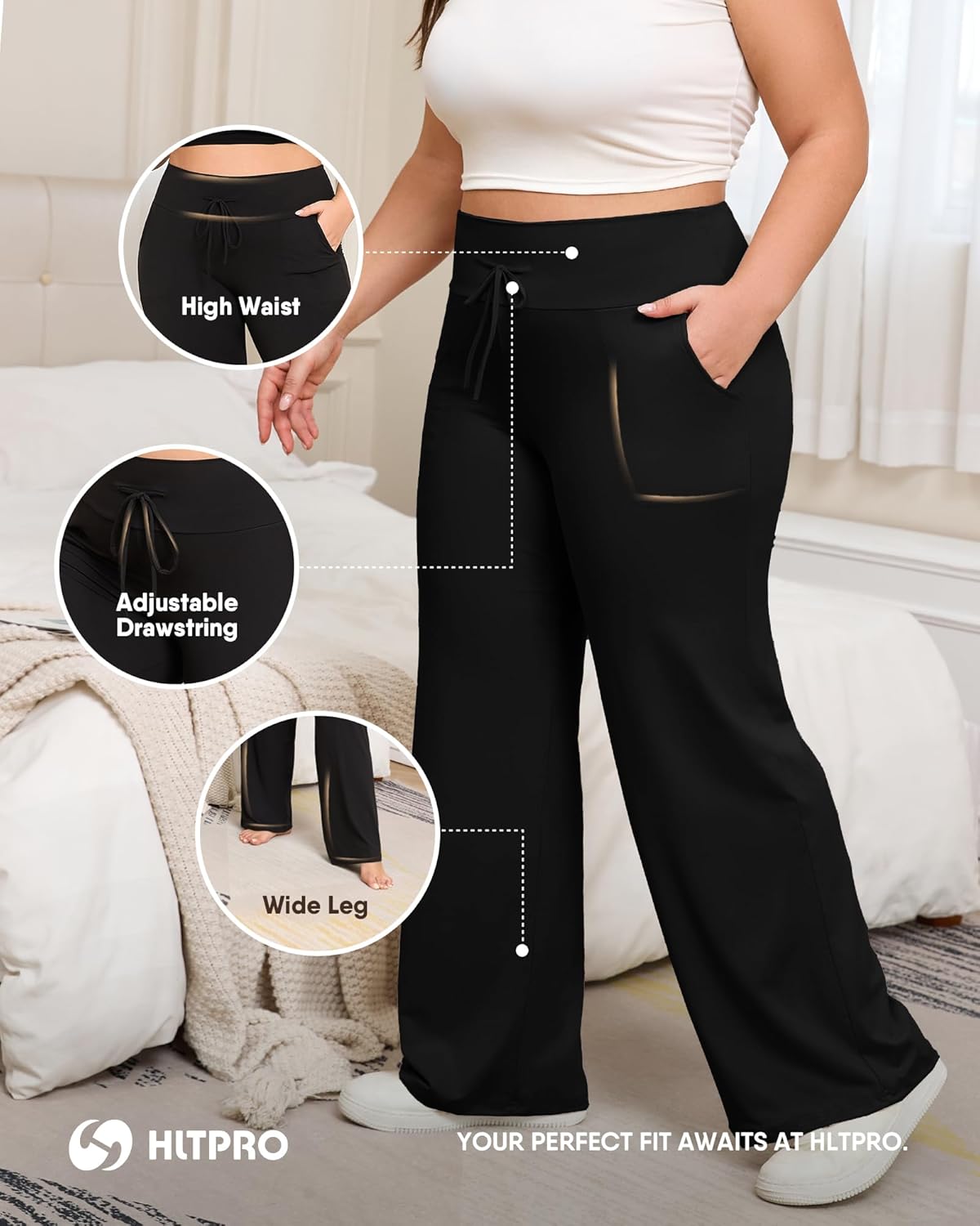 HLTPRO 3 Pack Lounge Pants Women Plus Size Wide Leg Pants Woman with Pockets Casual Pajama Palazzo Black Pant for Yoga - Image 6