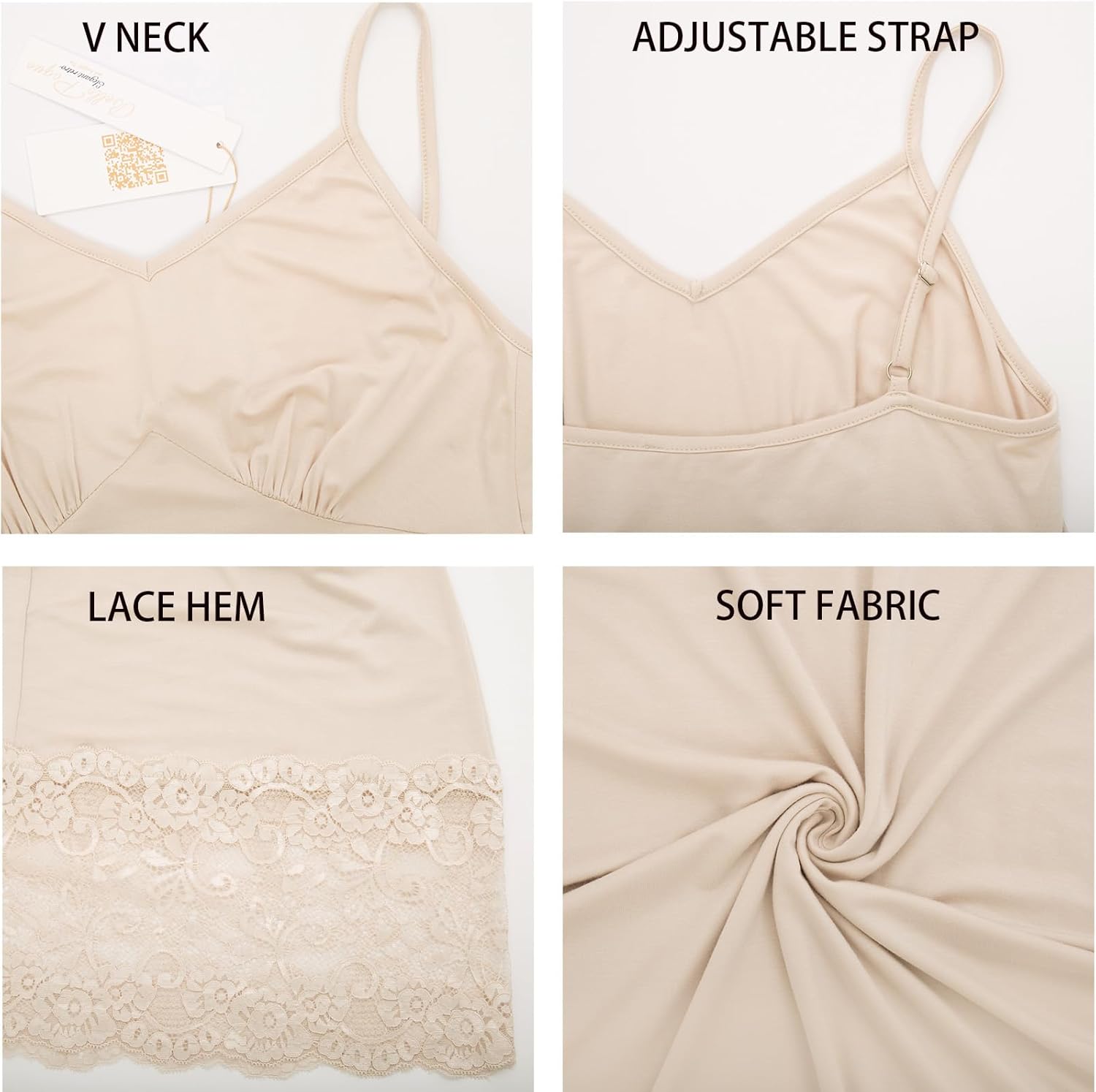 Belle Poque Full Slips for Women Under Dresses Simple Dress Slip Adjustable Spaghetti Strap Cami Dress - Image 3