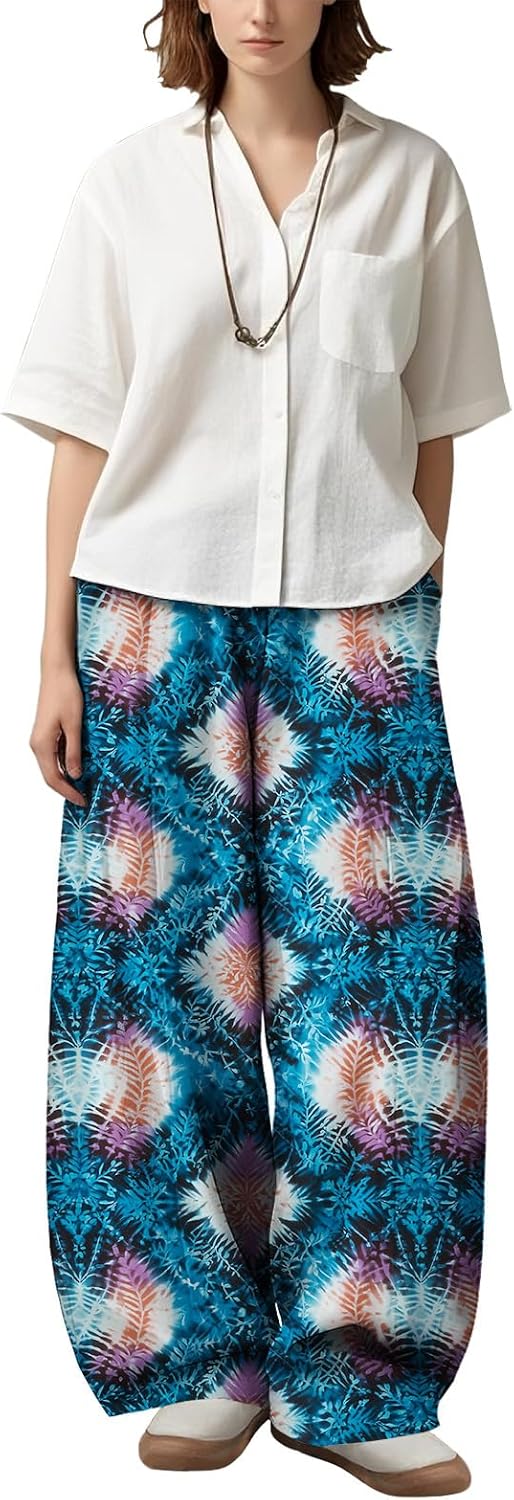 Women's Wide Leg Palazzo Pants Blue White Tie Dye Print Loose Fit Fall Lightweight Bohemian Flowy Trousers