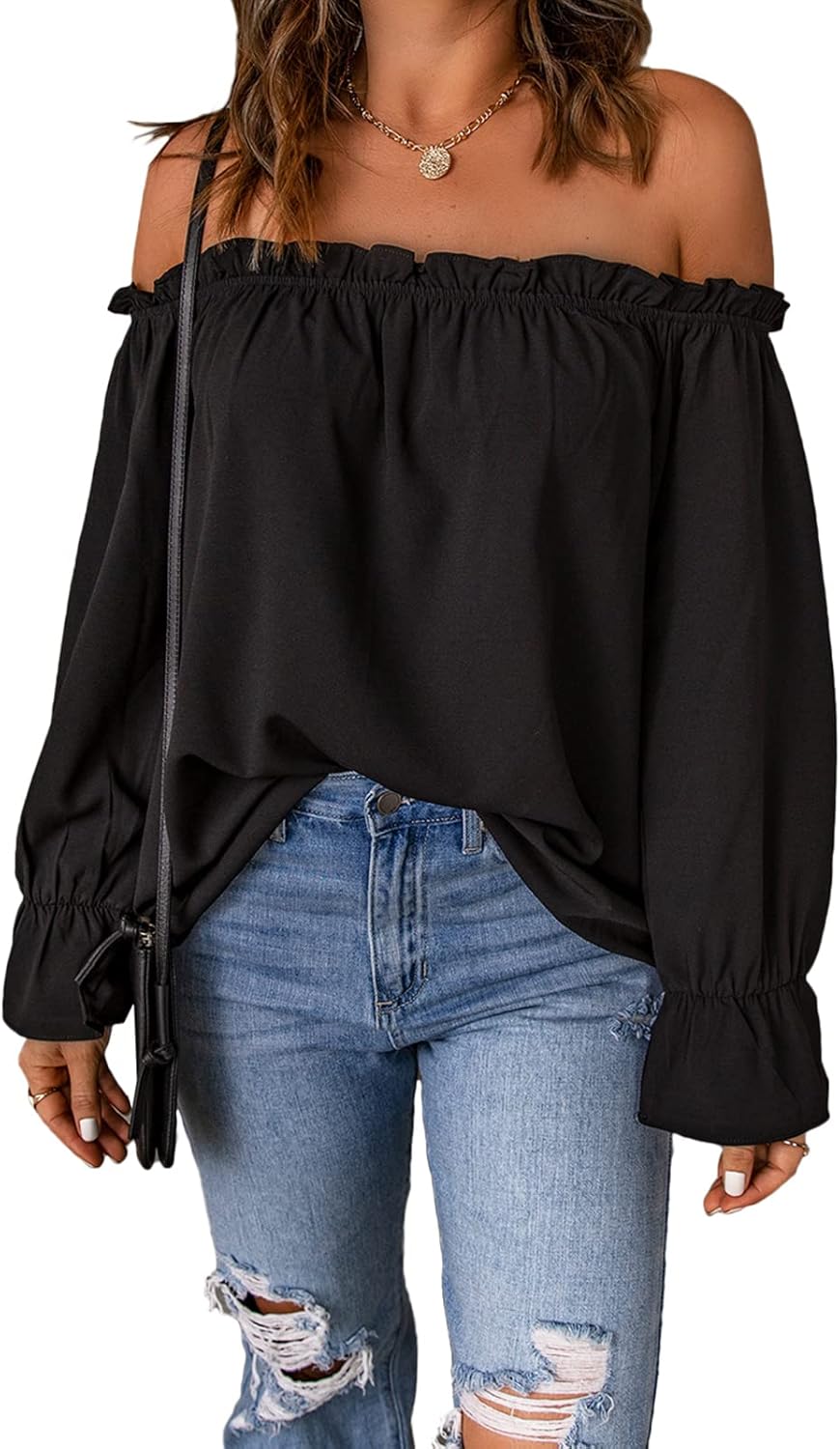 Spriolim Women's Off Shoulder Top Ruffle Long Sleeve Chiffon Blouse Casual Loose Shirts