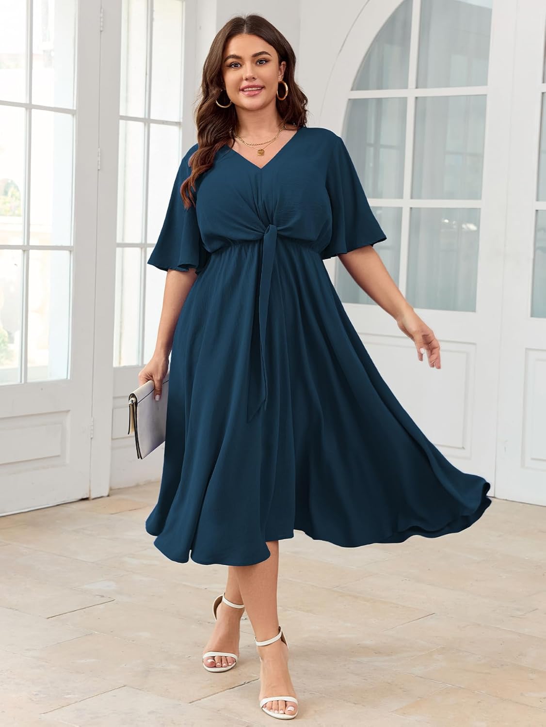SCOMCHIC Women Plus Size Midi Dresses Wedding Guest Short Sleeve V Neck Tie Waist Casual Summer Flowy A Line Dress - Image 5
