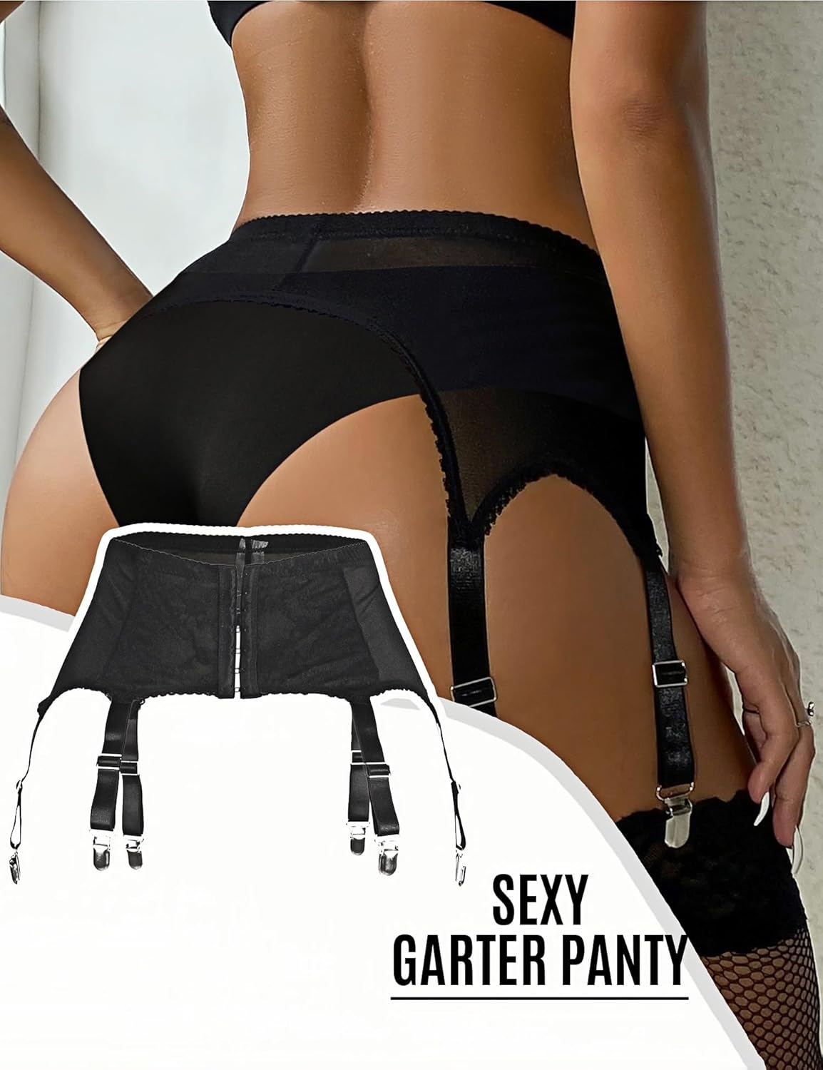 ohyeah High-Waisted Garter Belt Plus Size- Lace Mesh Suspenders Belt with 6 Metal Clip for Thigh Highs Garter Stockings - Image 3