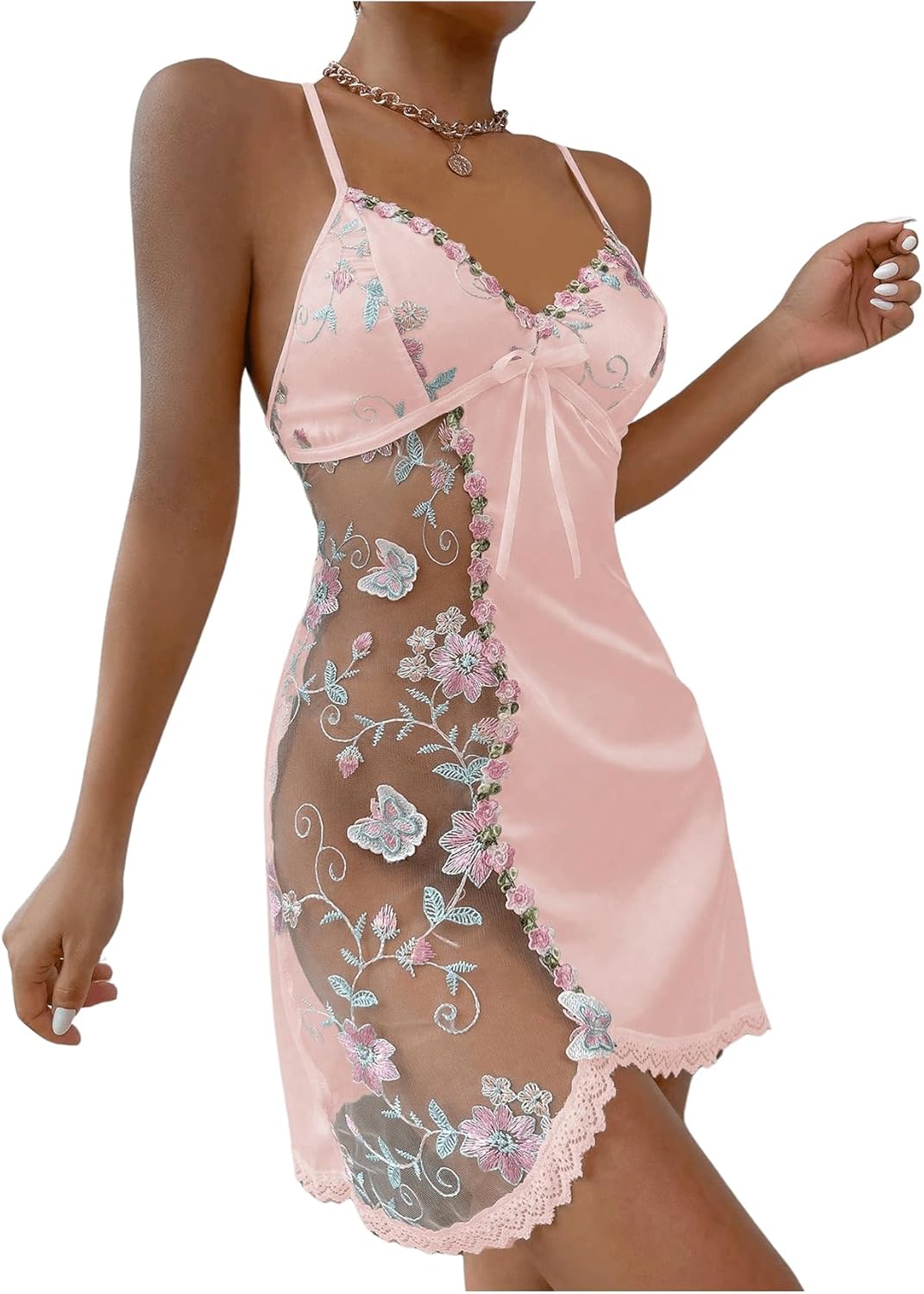 RoseSeek Women's Mesh Floral Embroidery Lace Trim Sheer Chemise Sleep Dresses Babydoll Nightgown Satin Slip Dress - Image 3