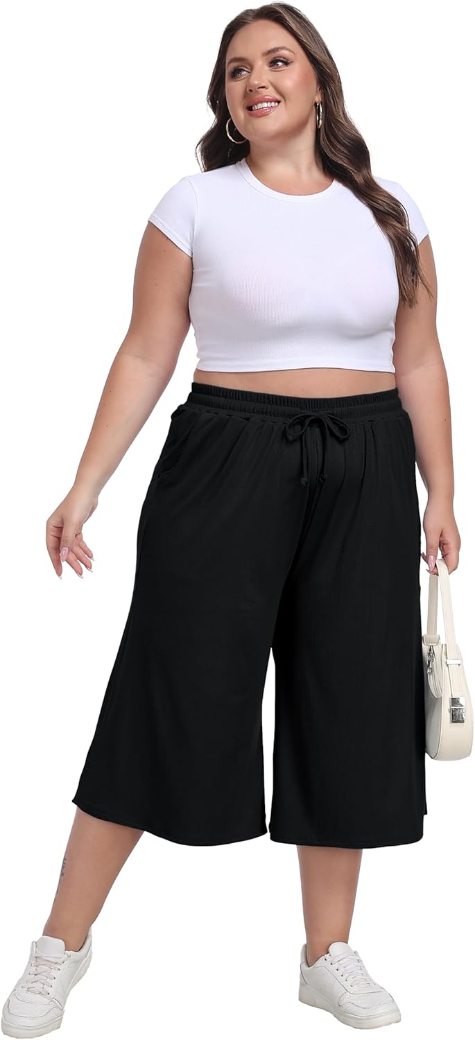 Cheapestbuy Women's Plus Size Wide Leg Capris Summer Palazzo Lounge Cropped Pants Casual Flowy Capri Pants with Pockets - Image 4