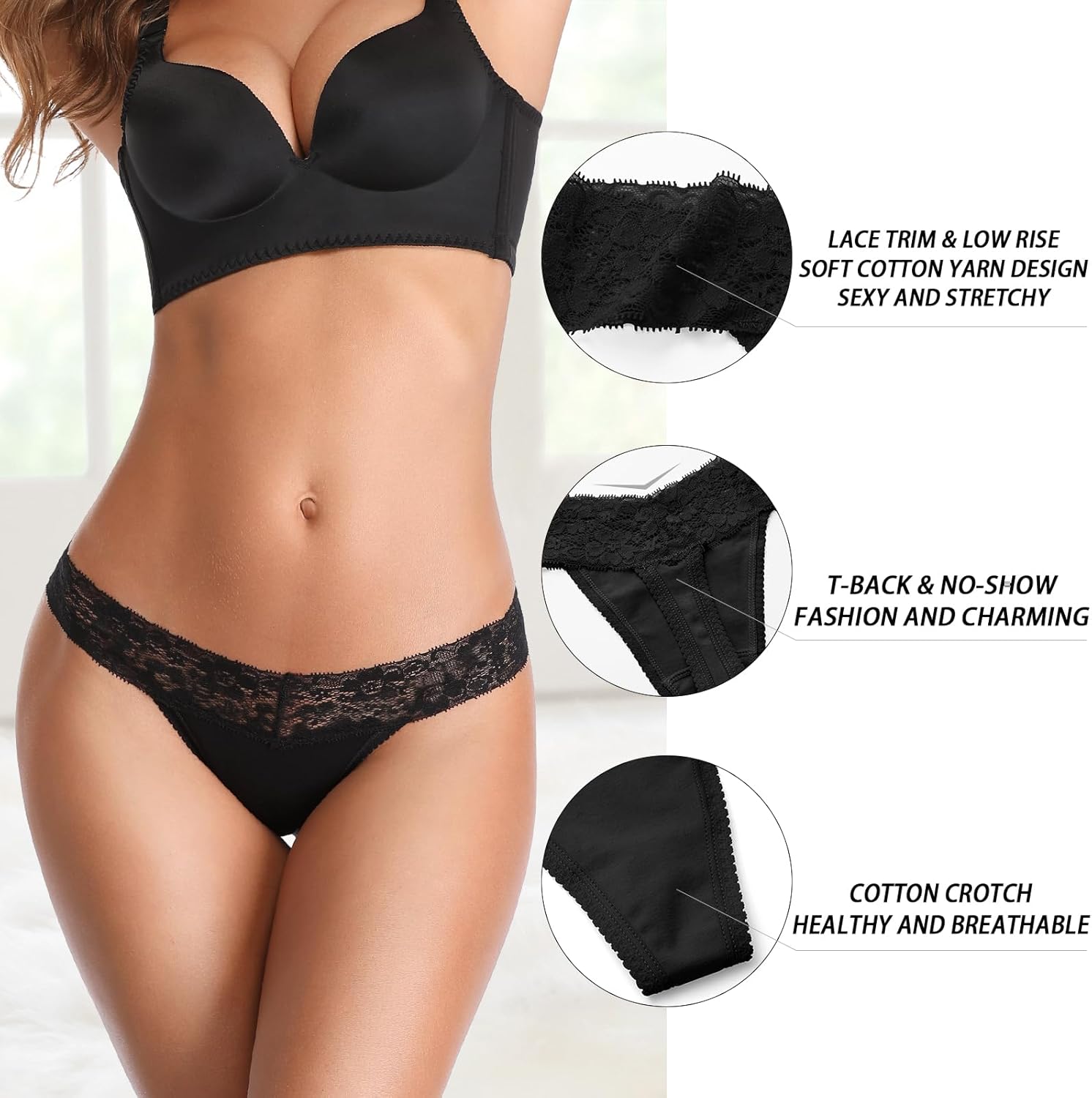 Cotton Thongs for Women, T Back Breathable Comfort See Through Panties, Seamless Lace Pack - Image 5