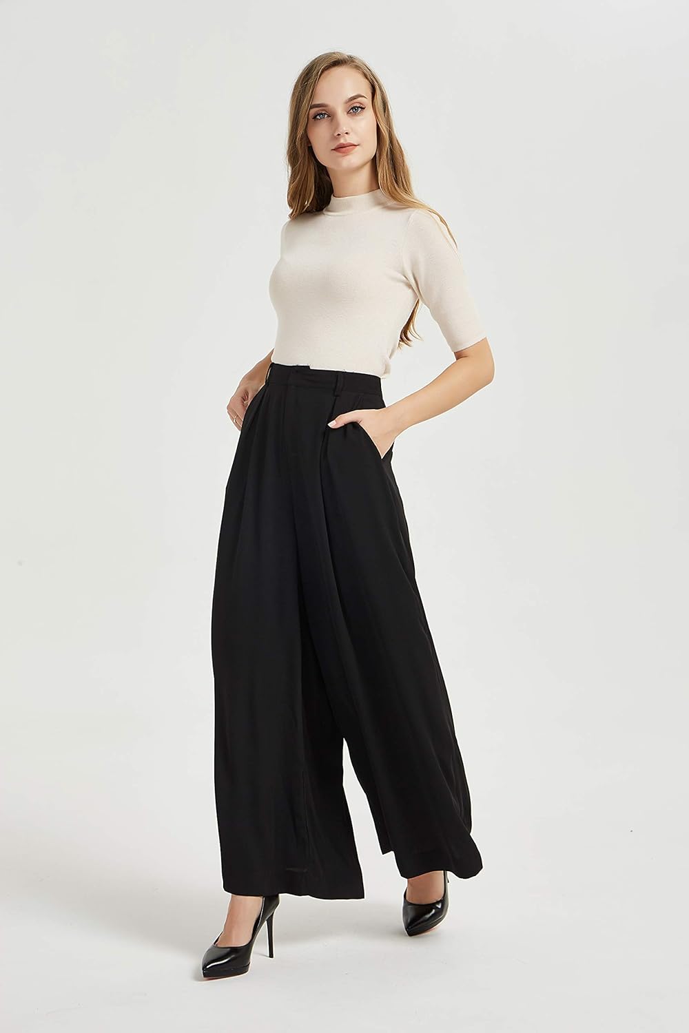 Tronjori Women High Waist Casual Wide Leg Long Palazzo Pants Trousers Regular Size - Image 4
