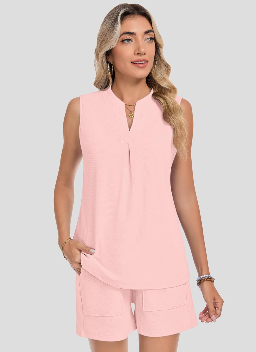 AUSELILY Women's Two Piece Sets Waffle Knit Summer V Neck Sleeveless Pleated Shorts Set Matching Sets Women Clothing 2026 - Image 4