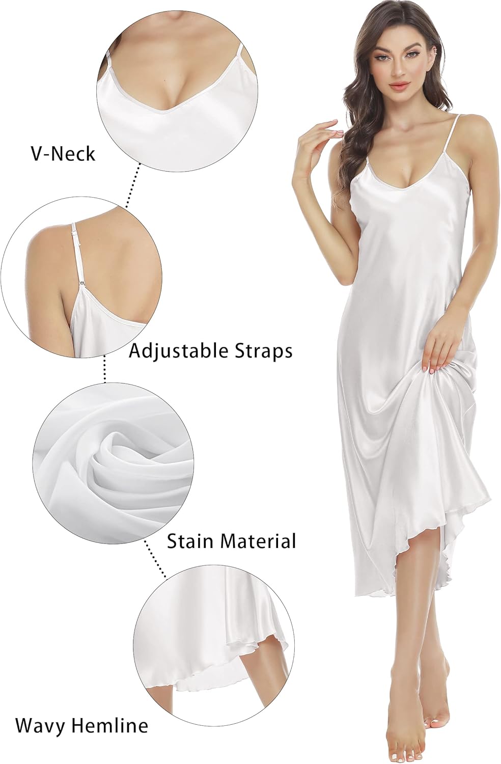 Lovasy Women Satin Nightgown Sexy Lingerie Long Slip Dress V Neck Sleepwear Nightdress S-XXL - Image 2