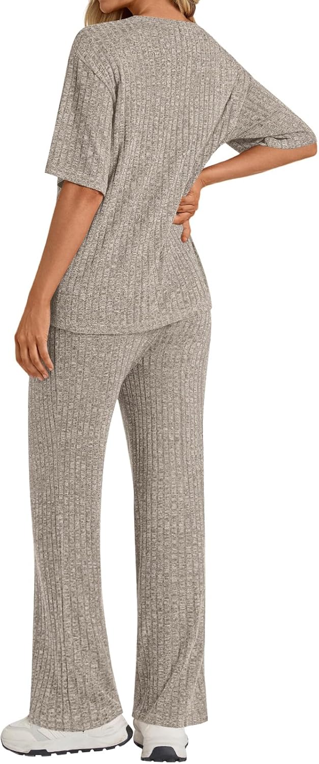 Addtoo Womens 2 Piece Lounge Sets 2026 Short Sleeve Ribbed Knit Pajamas with Pockets - Image 4