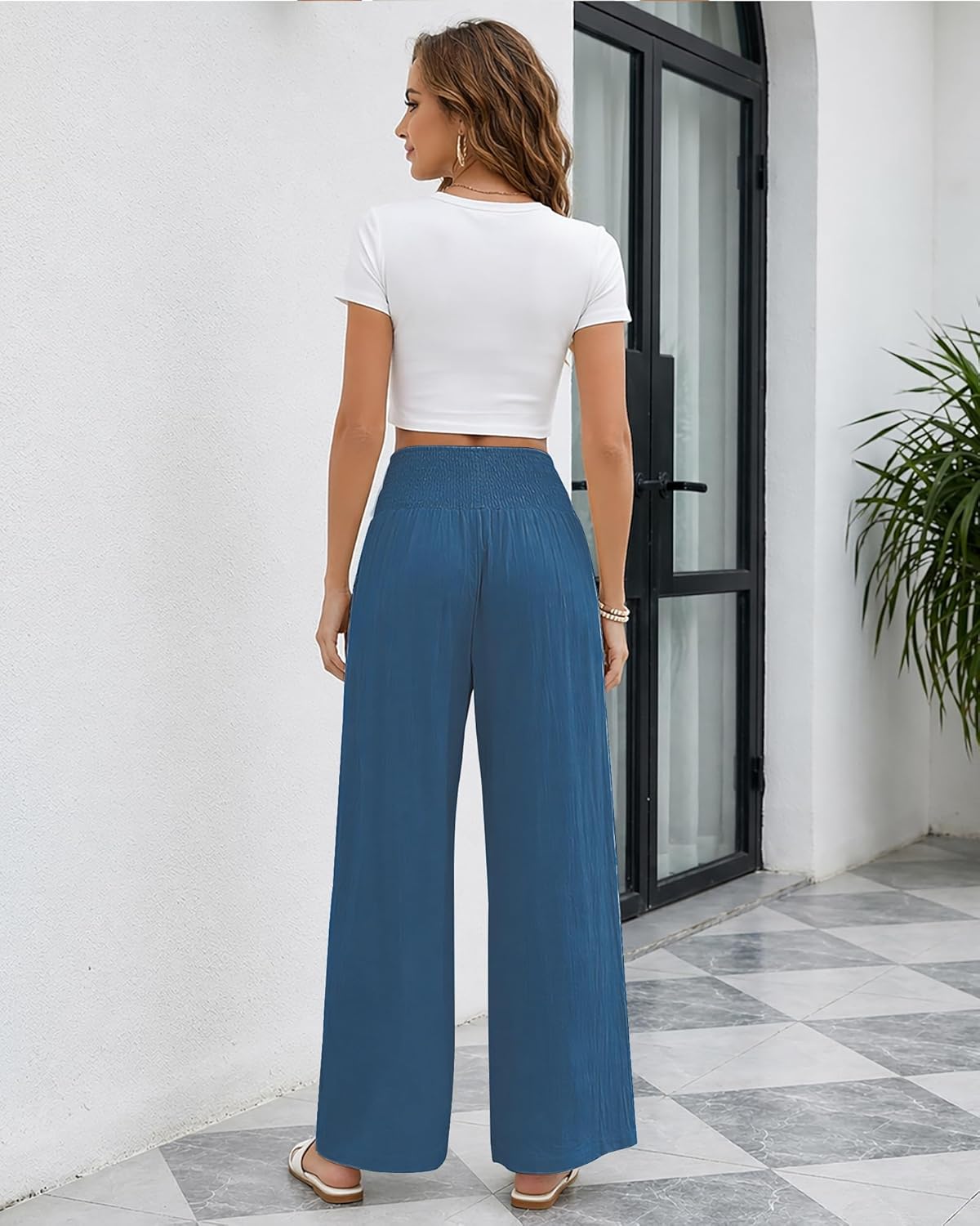 Women Wide Leg Casual Pants High Waist Palazzo Pants Summer Lounge Trousers with Pockets - Image 3
