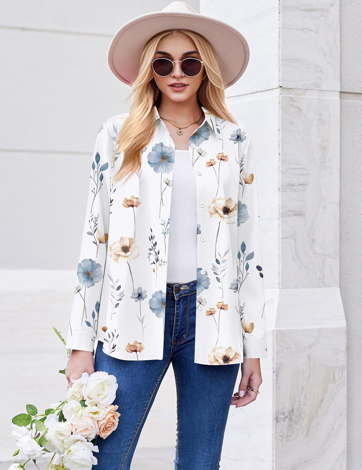 ZEAGOO Button Down Shirt for Women Long Sleeve Blouses Floral Printed Tops Business Casual Work Outfits S-XXL - Image 3