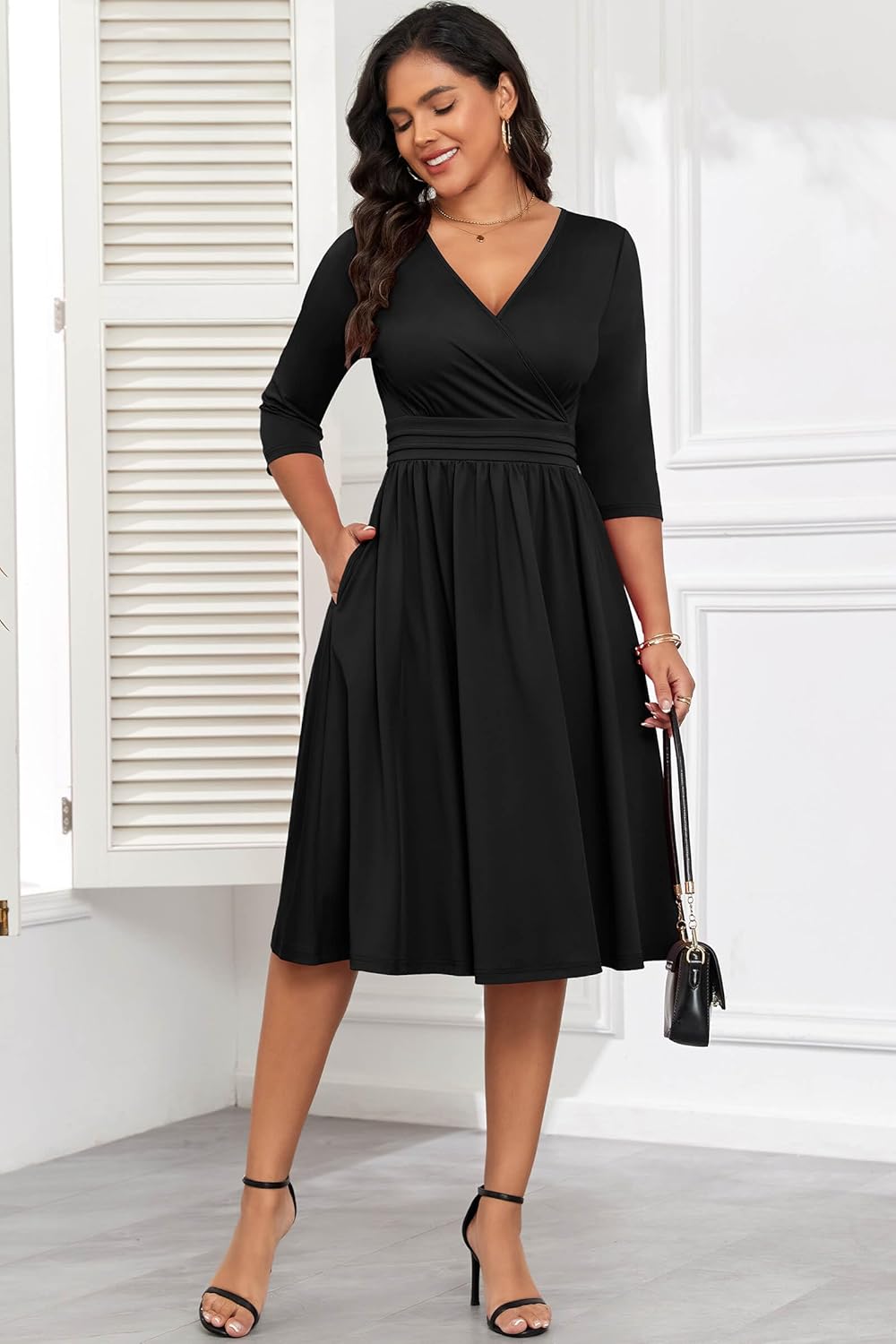 Nmoder Casual Wrap Dresses for Women A-Line Flared Church Midi Dress V Neck 3/4 Sleeve with Pockets - Image 3