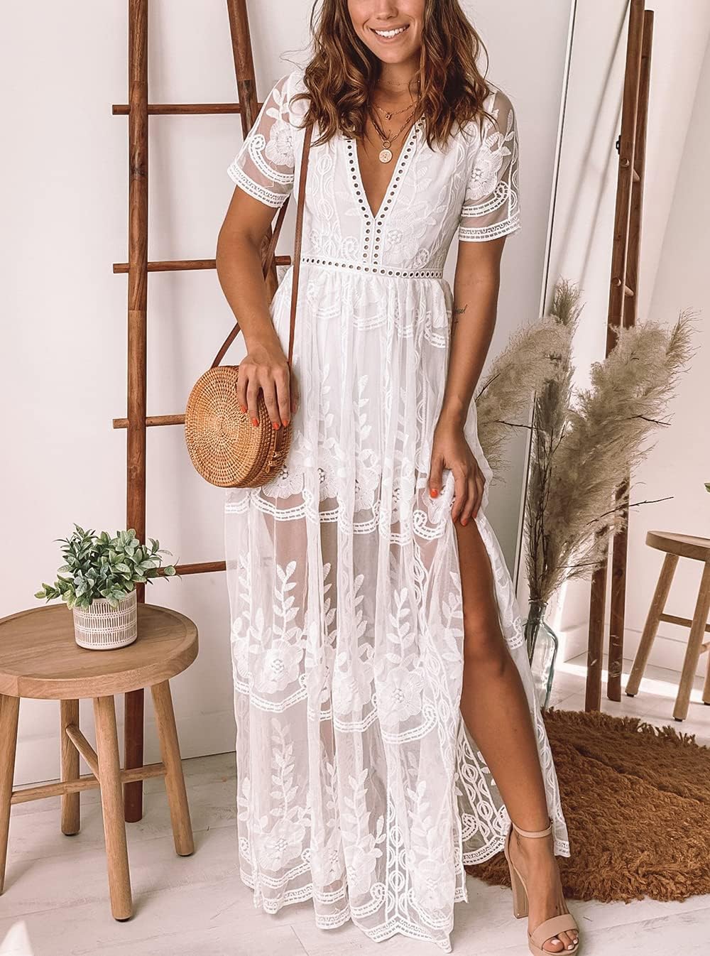 Eleter Women's Deep V-Neck Lace Romper Short Sleeve Long Dress - Image 7