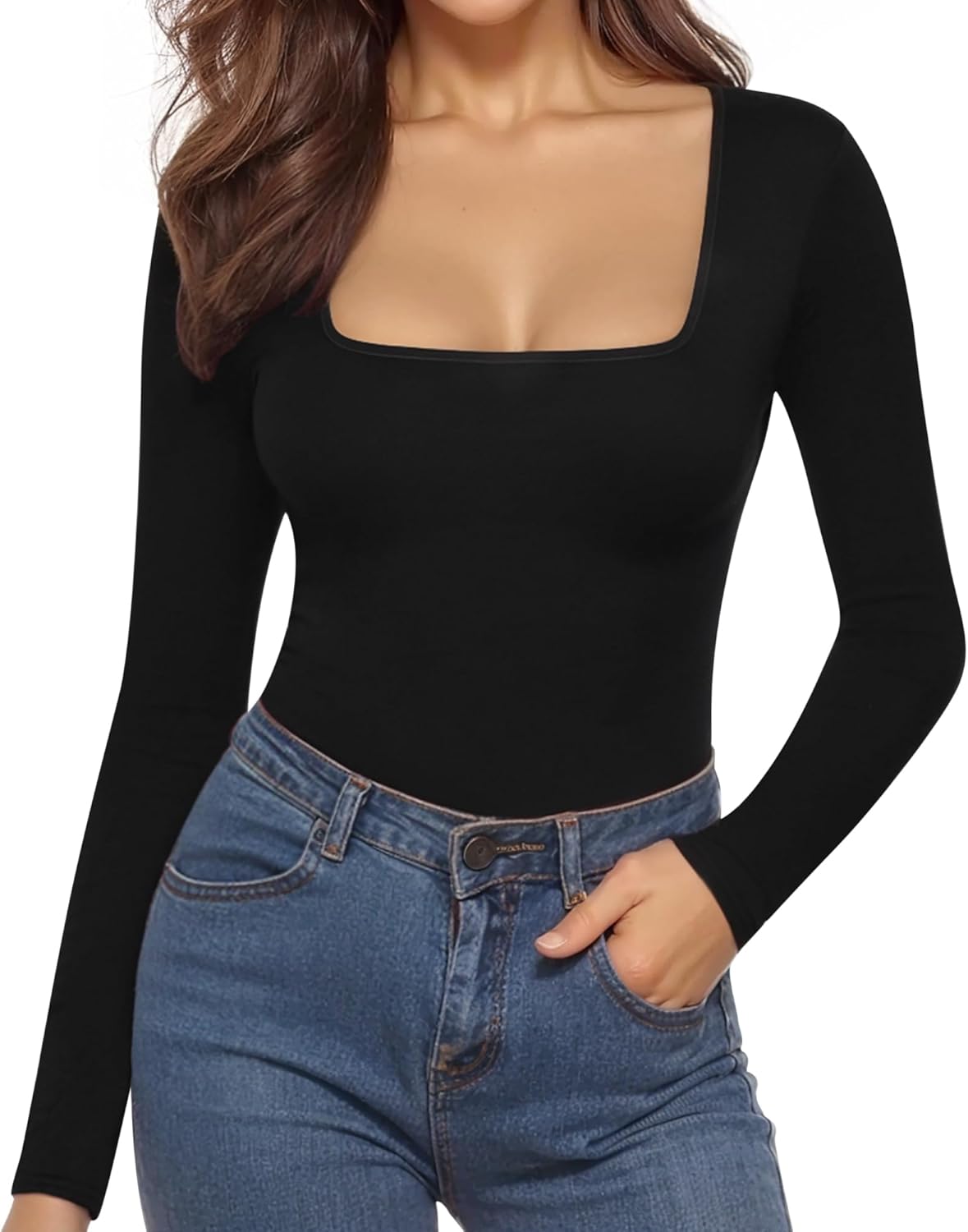 MANGOPOP Women's Square Neck Short Sleeve Long Sleeve Bodysuit Sexy Body Suits Shirt Slim Fitted Tops - Image 2