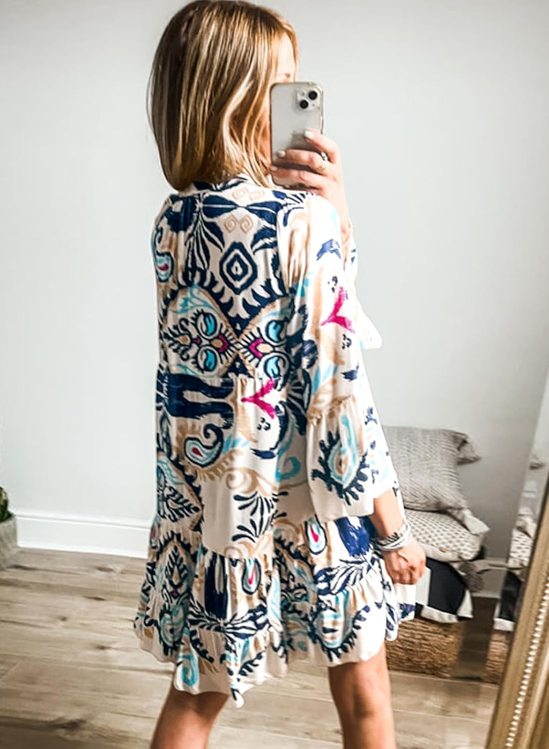 miduo Womens Summer Dress Casual V Neck Buttoned 3/4 Sleeve Bohemian Tribal Print Flowy Mini Dresses - Image 3