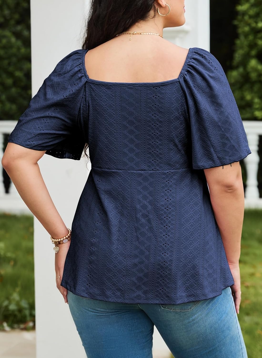 Eytino Womens Plus Size Tops Sweetheart Neck Short Sleeve Eyelet Embroidery Summer Loose Peplum Shirts(1X-5X) - Image 2