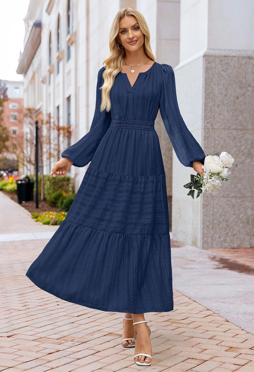 MEROKEETY Spring Summer Midi Dresses for Women 2026 Fall Casual Vacation Long Sleeve V Neck Tiered Cotton Maxi Dress Pockets - Image 6