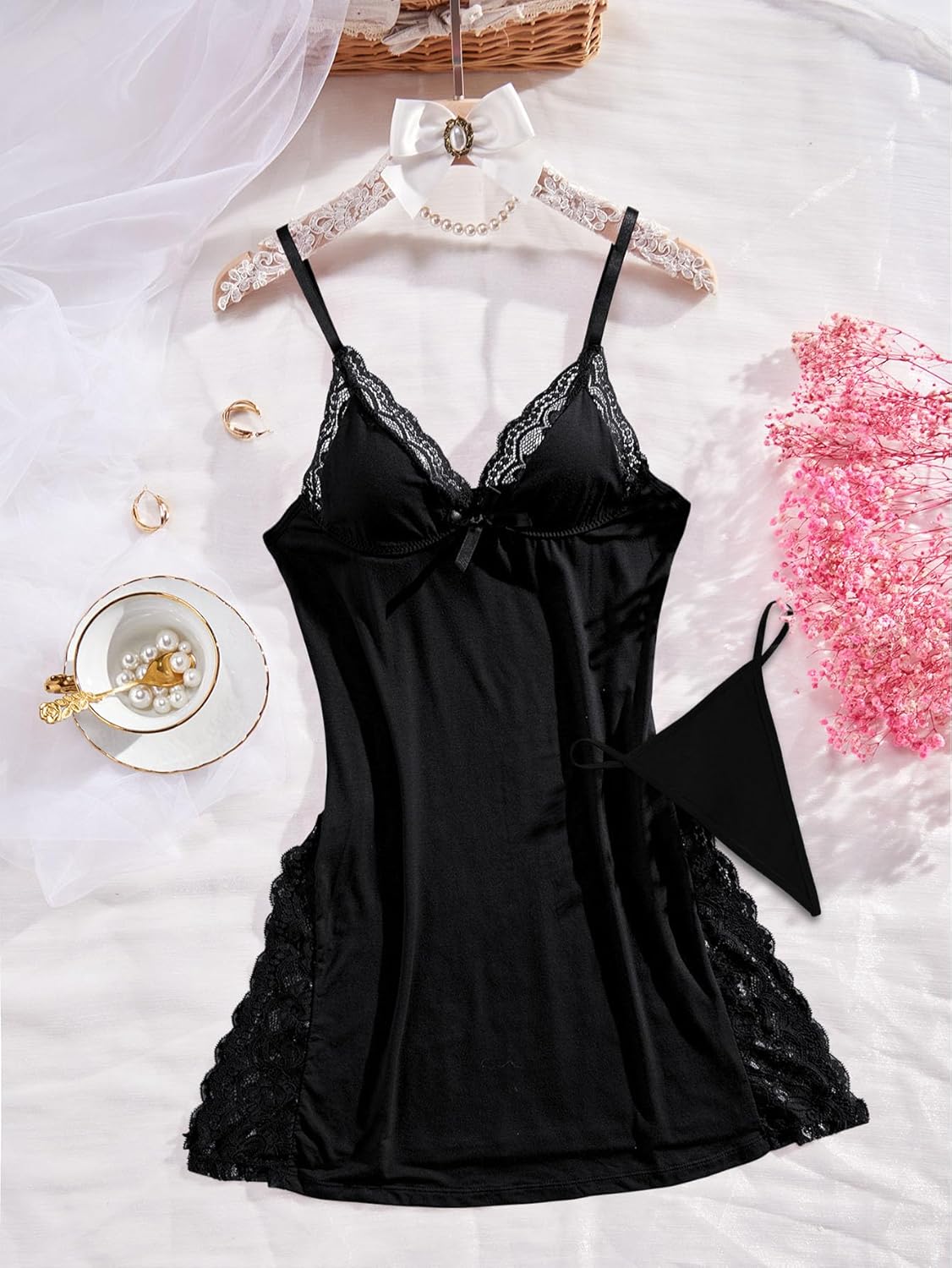 Foxiny Sexy Split Side Floral Lace Trim Full Slip Night Gown Babydoll Lingerie Dress with Thong 2 piece - Image 6