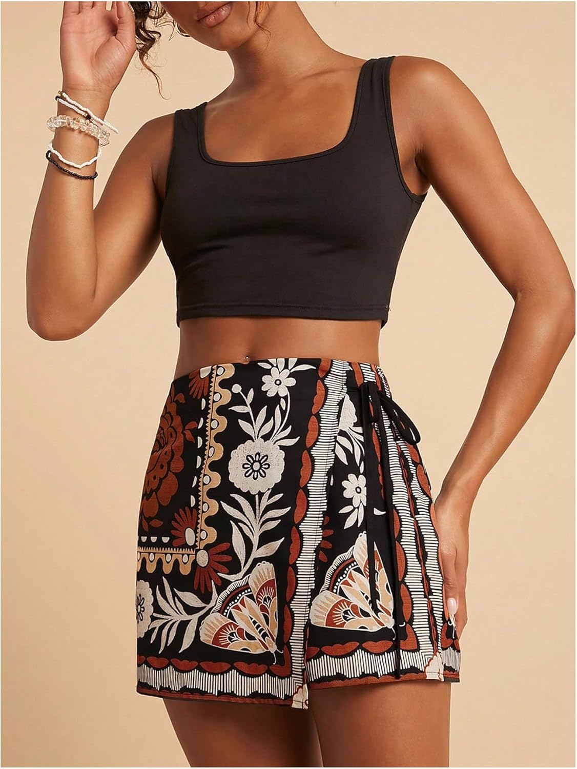 SweatyRocks Women's Boho Mini Skirts Floral Shorts Tie Side Wrap Elastic Waist Summer Skorts Beach Vacation Outfits - Image 4
