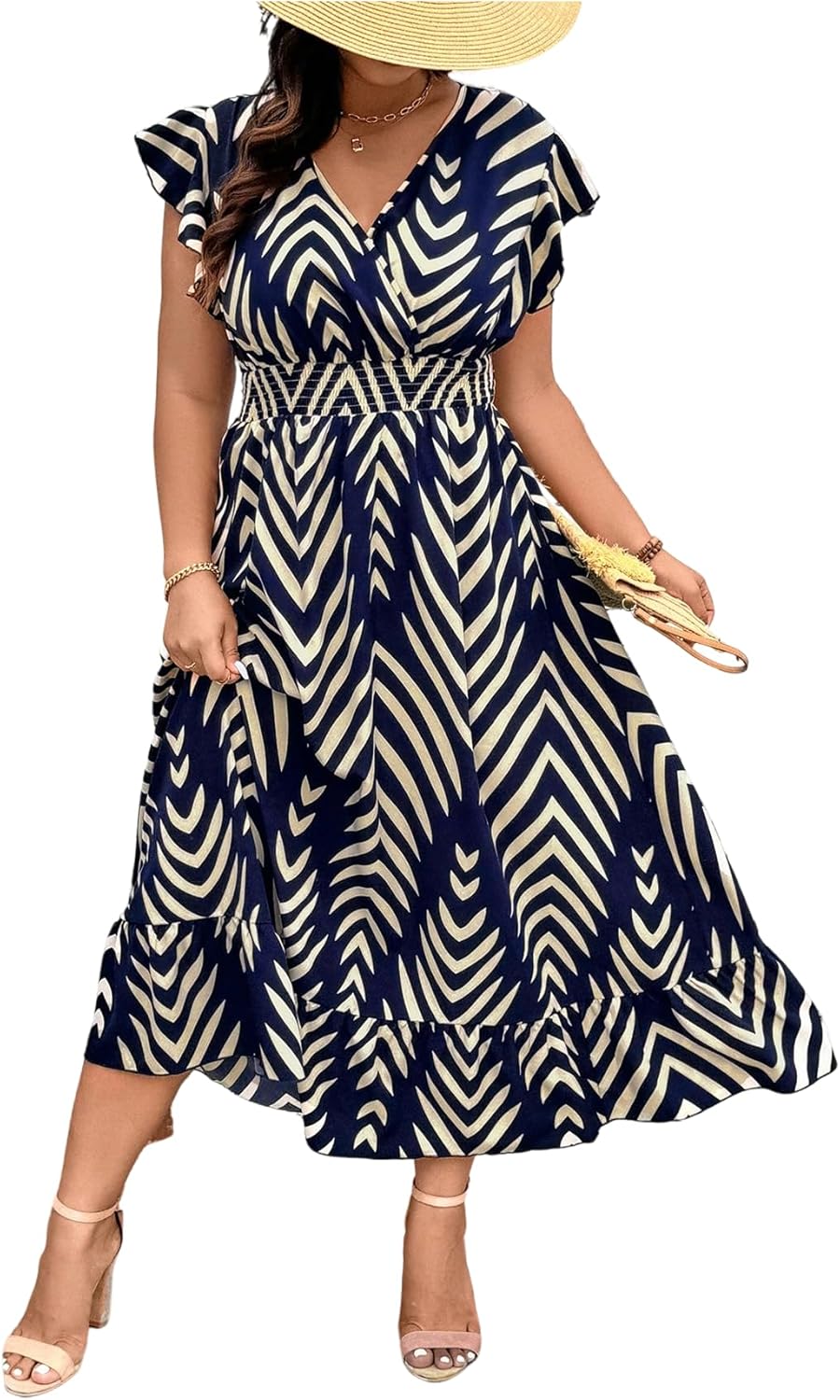 Floerns Women's Plus Size Chevron Striped Wrap V Neck Long Dress Cap Sleeve Ruffle Hem A Line Dresses