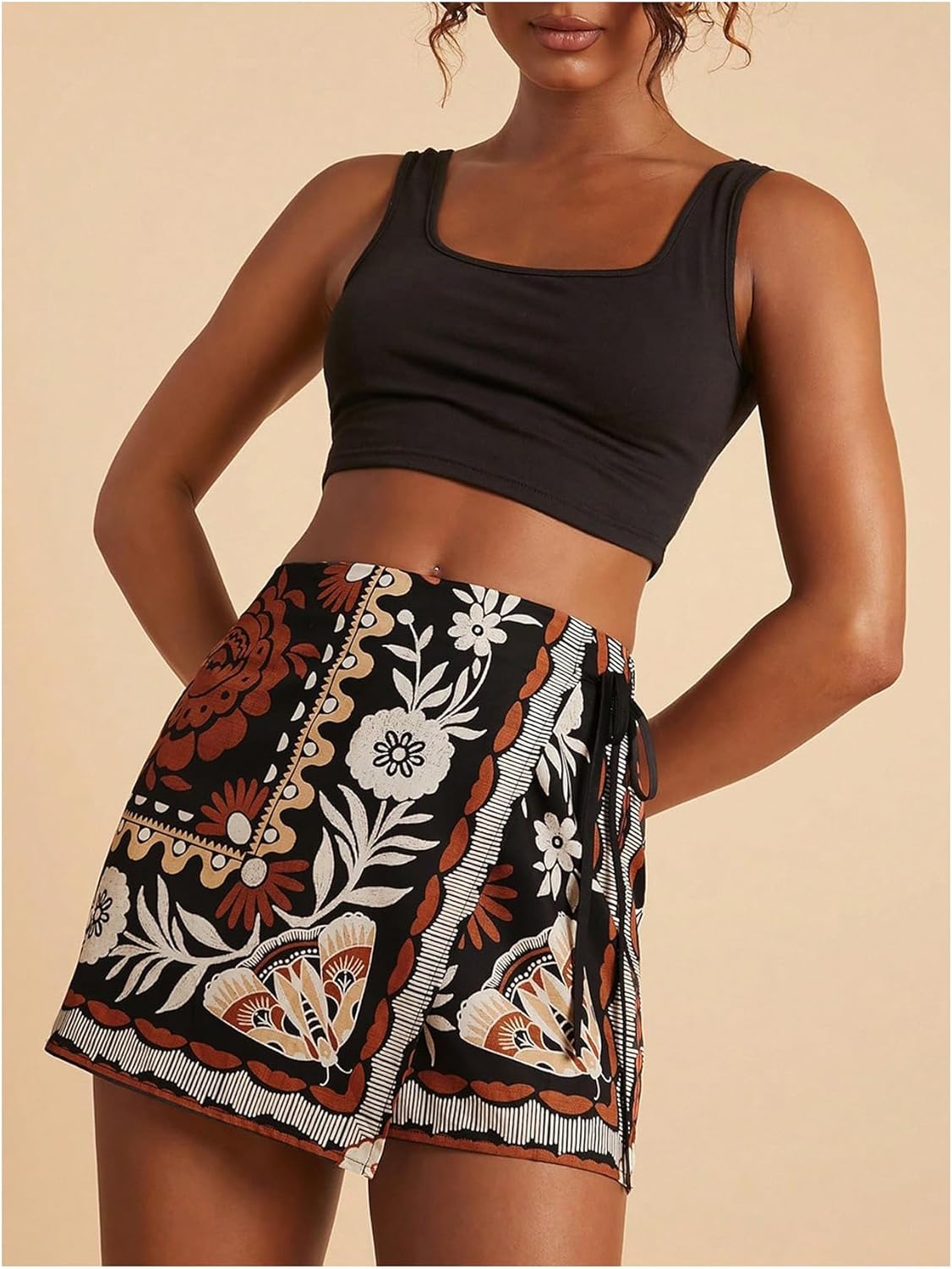 SweatyRocks Women's Boho Mini Skirts Floral Shorts Tie Side Wrap Elastic Waist Summer Skorts Beach Vacation Outfits - Image 5