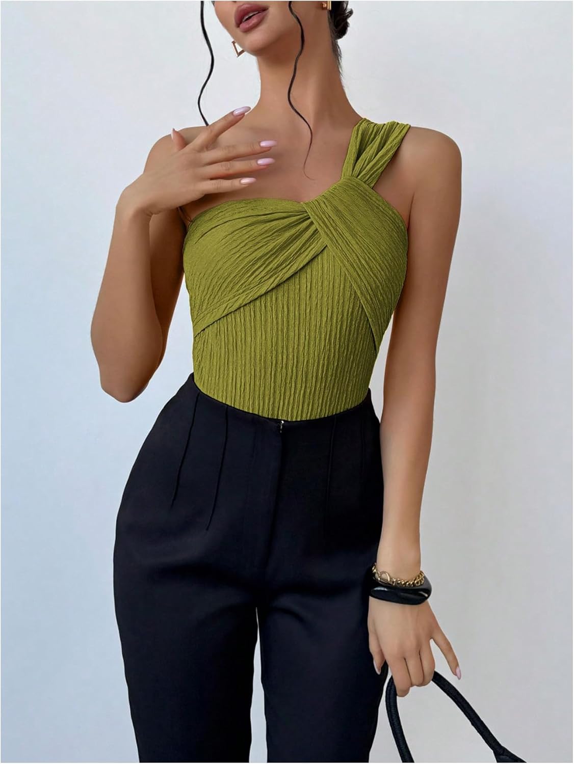 OYOANGLE Women's One Shoulder Going Out Bodysuit Tops Asymmetrical Textured Sleeveless Concert Tank Tops - Image 6