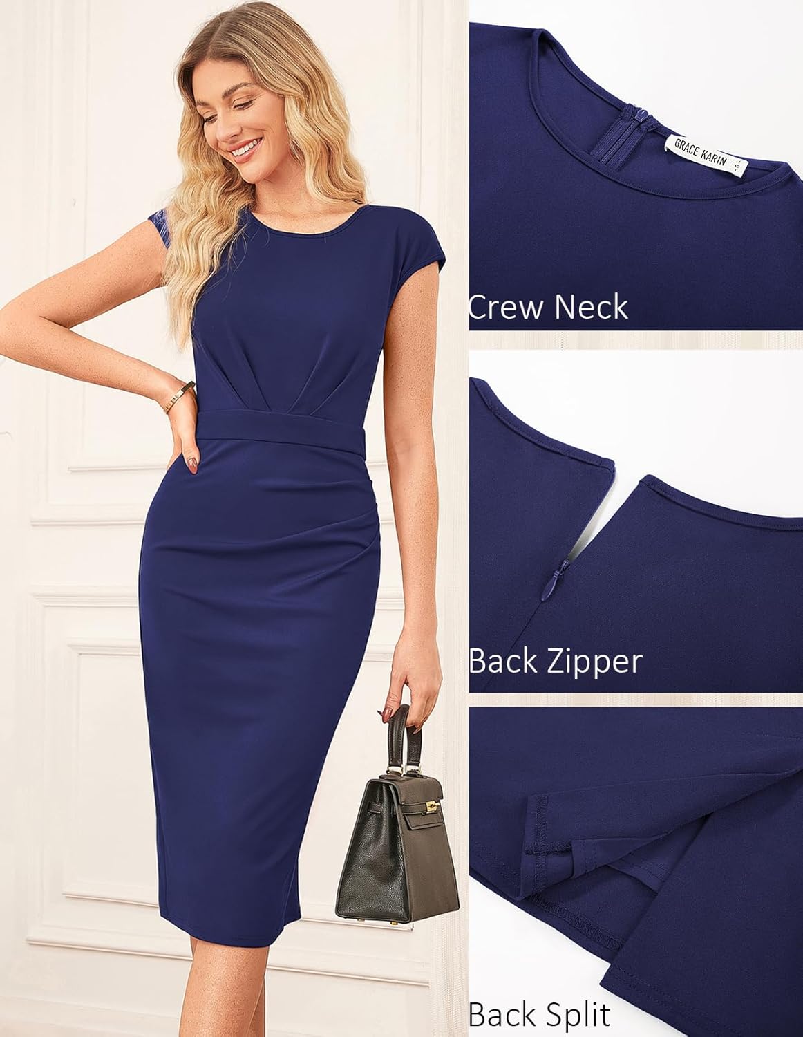 GRACE KARIN Women's Wear to Work Dresses 2026 Cap Sleeve Sheath Bodycon Midi Dress Ruched Business Office Pencil Dress - Image 4