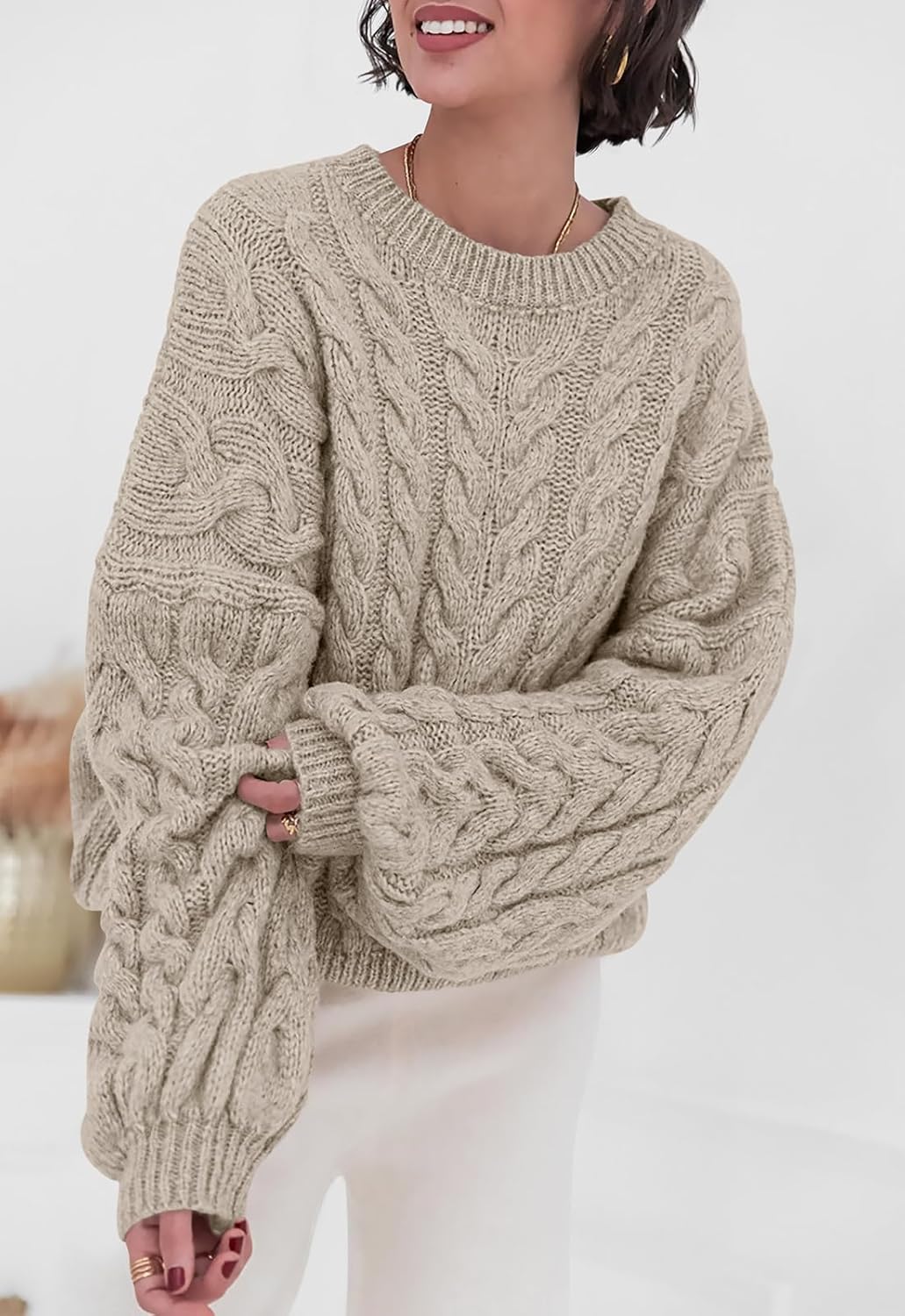 PRETTYGARDEN Womens Sweaters Spring 2026 Cable Knit Long Sleeve Crewneck Oversized Sweater Chunky Pullover Loose Outfits - Image 3