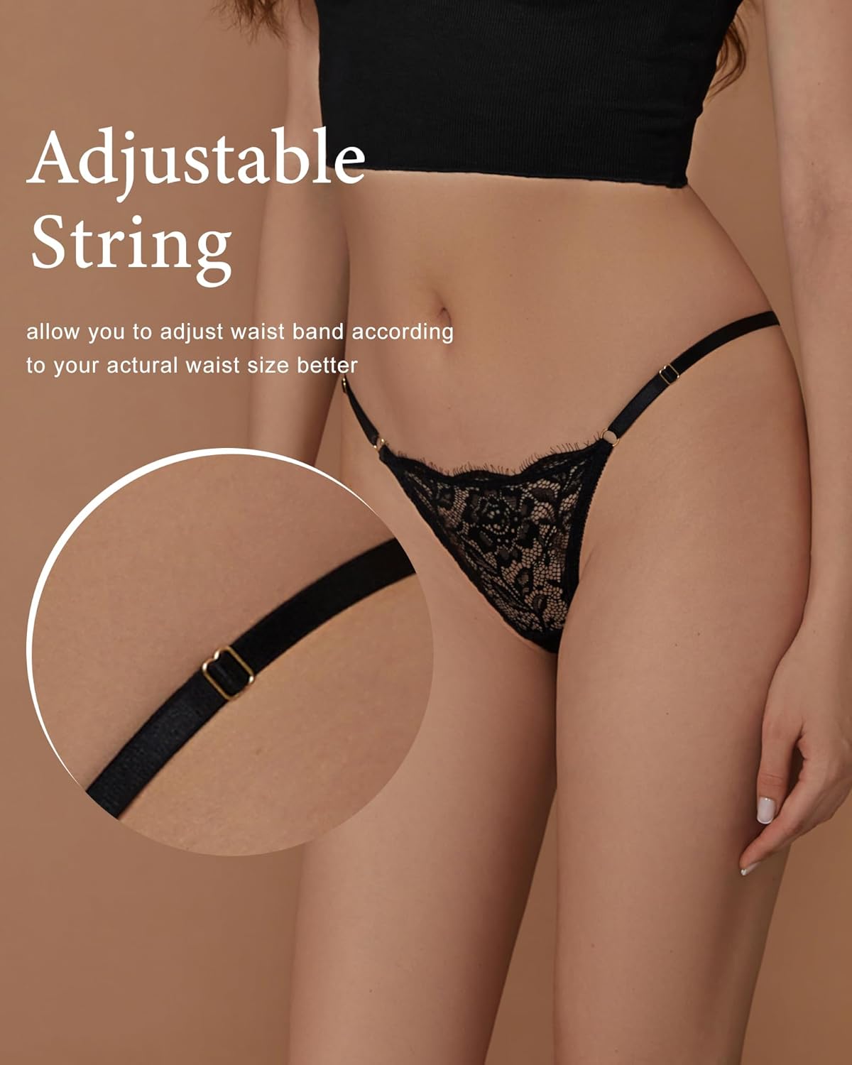 SHARICCA Lace G-String Thongs for Women Adjustable Sexy Low Rise Underwear Breathable T-back Thongs Panties 3 Pack - Image 4