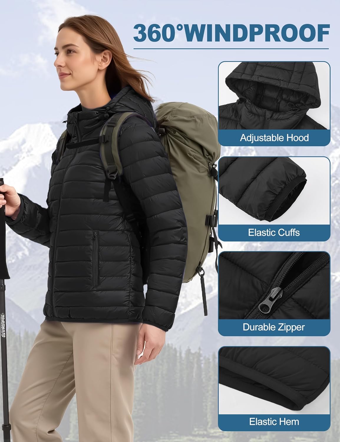 Womens Puffer Jacket Lightweight Packable Winter Light Coat Full-Zip Hooded Outerwear for Travel - Image 6
