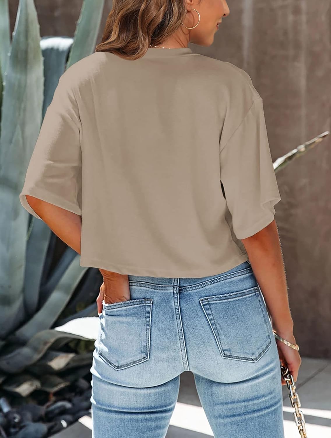 Tankaneo Women Half Sleeve Cropped T-Shirts Drop Shoulder Round Neck Crop Tops Casual Summer Solid Color Basic Tees - Image 3