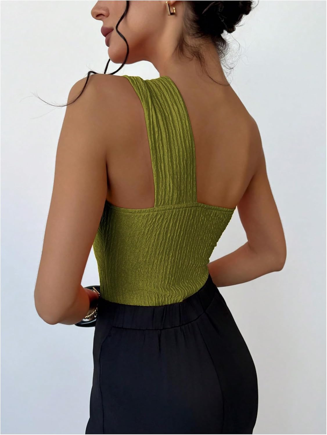 OYOANGLE Women's One Shoulder Going Out Bodysuit Tops Asymmetrical Textured Sleeveless Concert Tank Tops - Image 2
