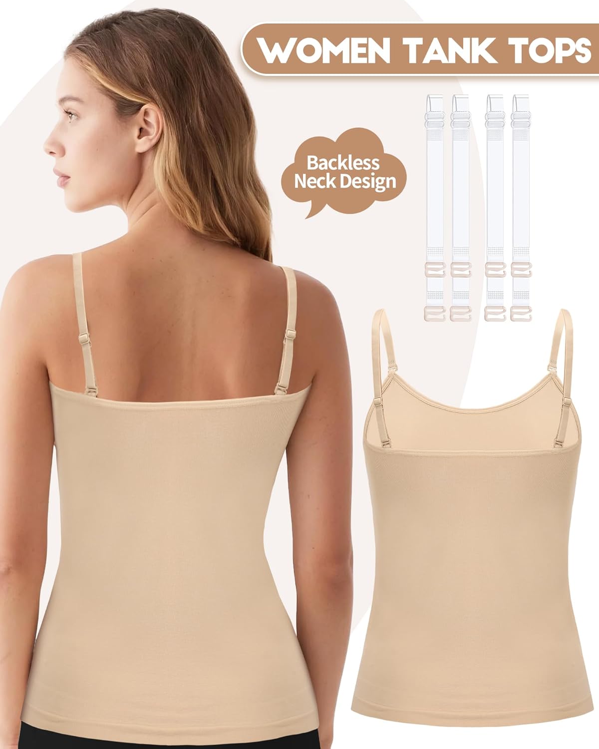 iMucci Camisole Tops for Women Nude Tank Top Double Lined Scoop Neck Spaghetti Strap Tank Top with Adjustable Clear Straps - Image 5