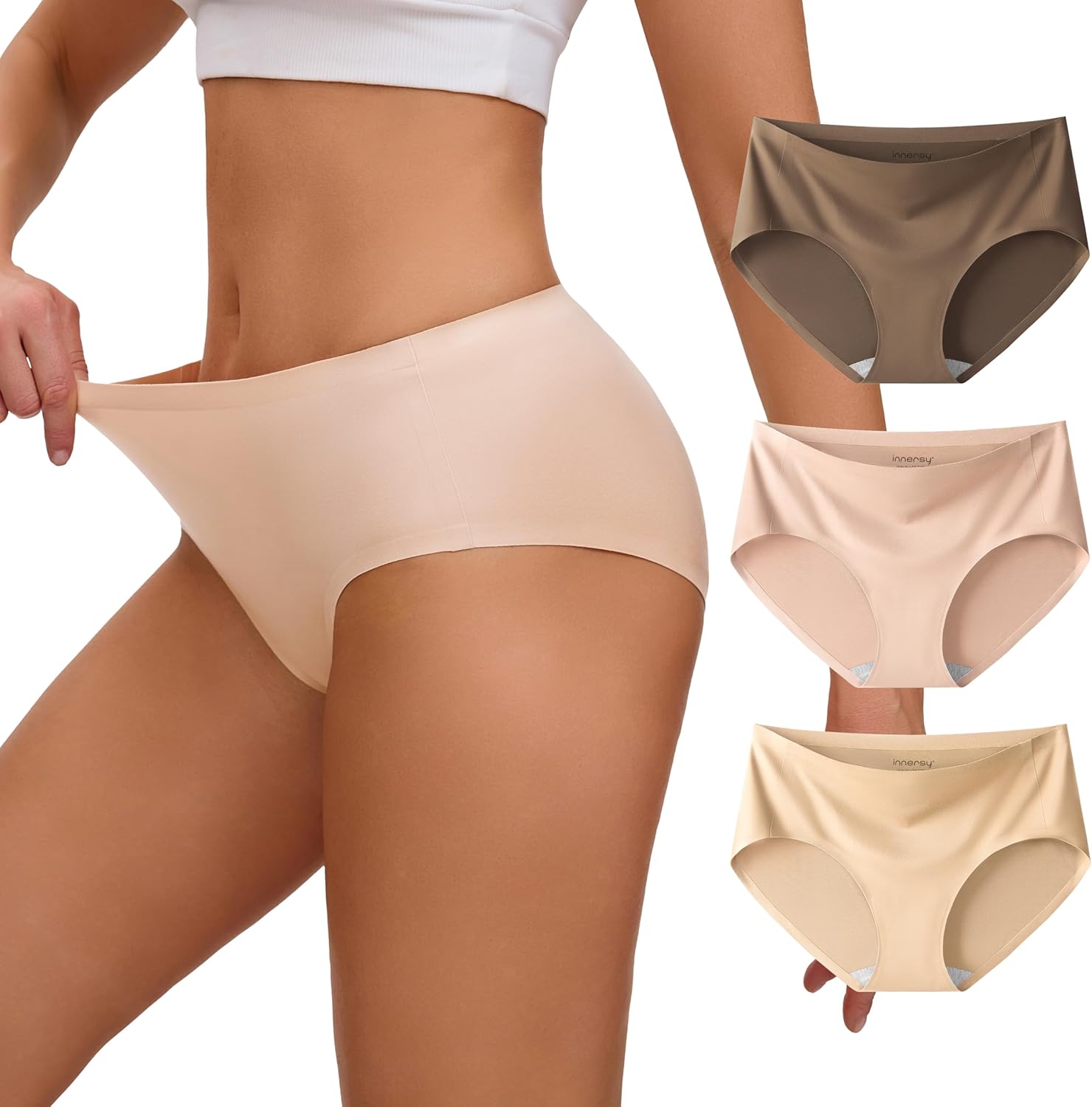 INNERSY Womens Seamless Underwear No Show Full Coverage Hipster Panties Stretchy Invisible Briefs 3-Pack