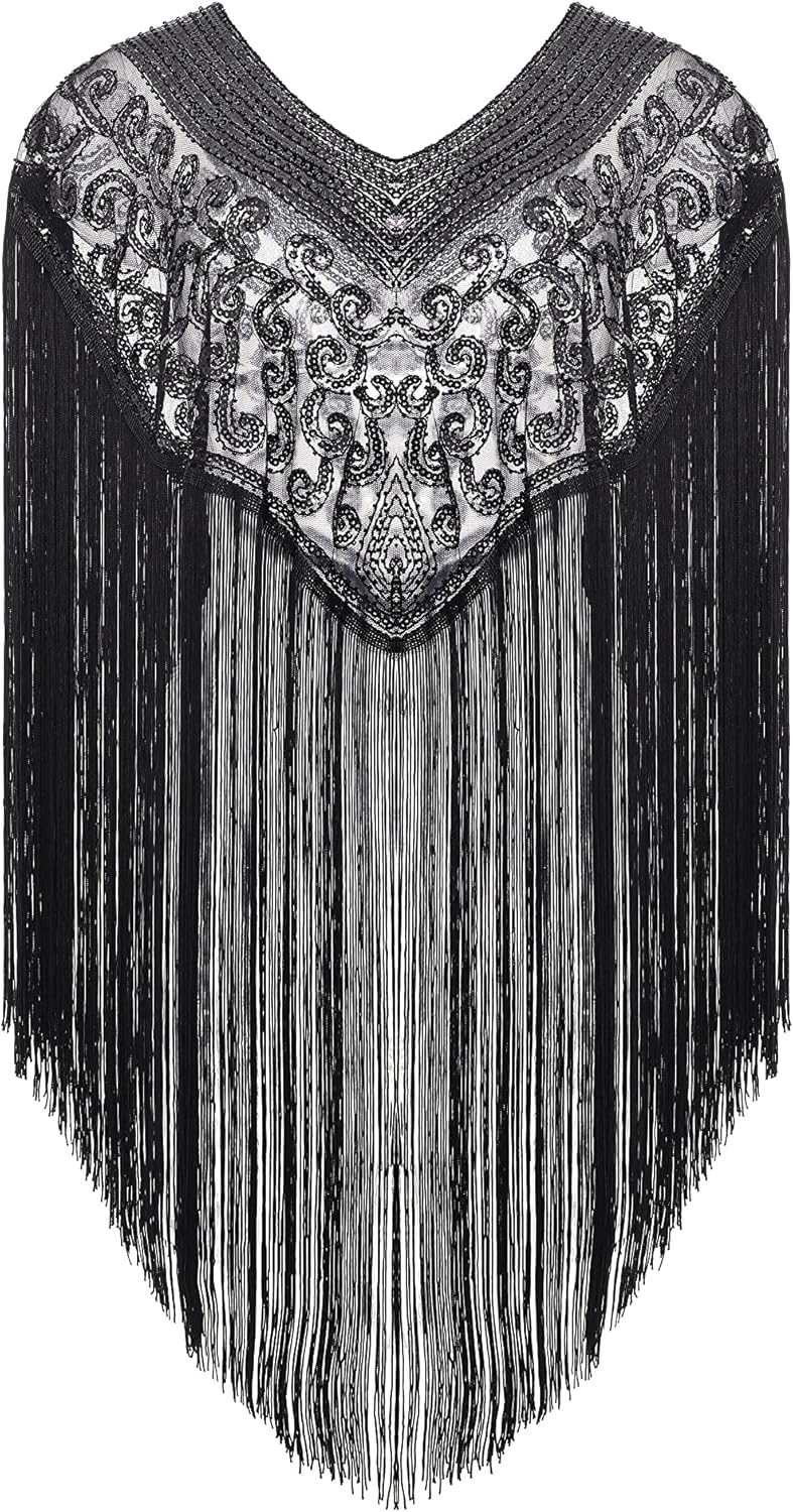 BABEYOND 1920s Shawl Wraps Long Fringed Evening Cape Sequin Beaded Party Shawl - Image 2